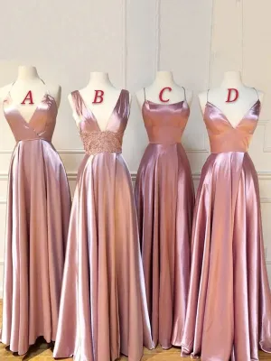 Mismatched Dusty Rose A Line Satin Long Cheap Bridesmaid Dresses OK1842