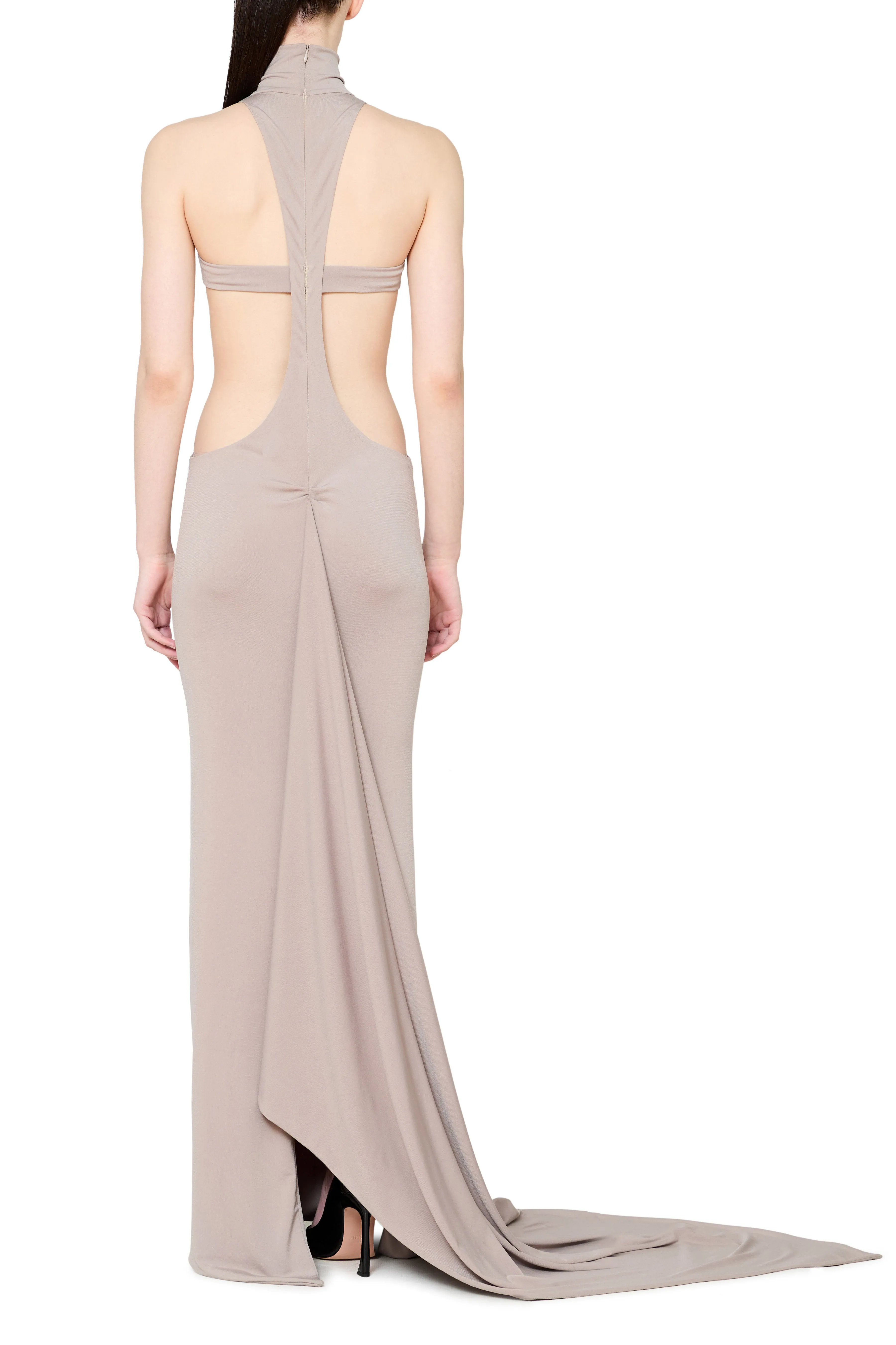Mock Neck T-Bar Cutout Gown with Train