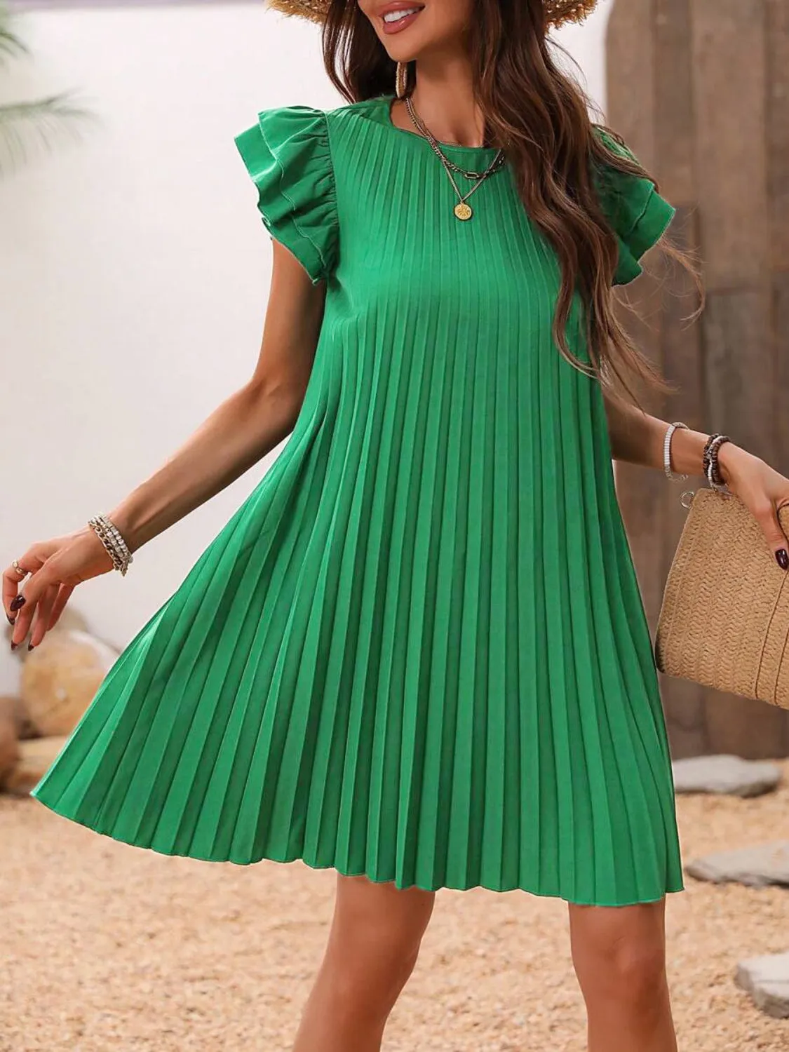 Mya Pleated Round Neck Cap Sleeve Mini Dress