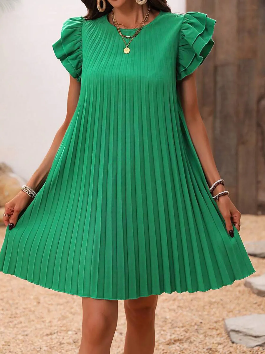 Mya Pleated Round Neck Cap Sleeve Mini Dress