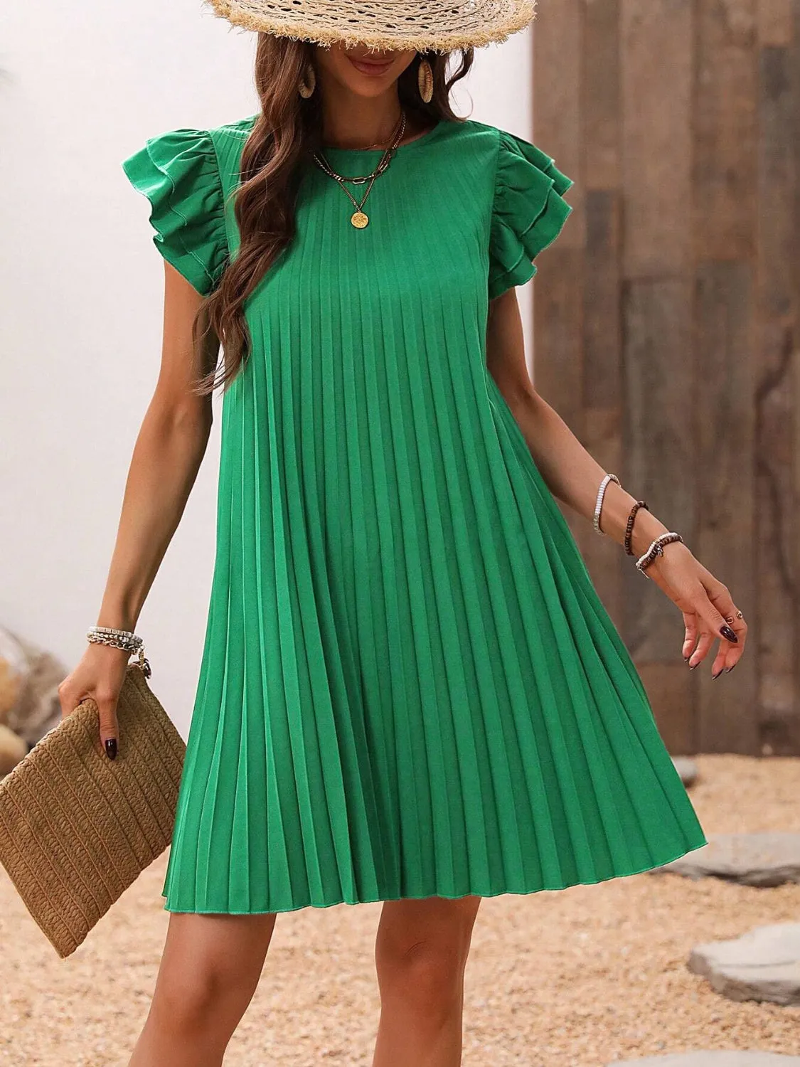 Mya Pleated Round Neck Cap Sleeve Mini Dress
