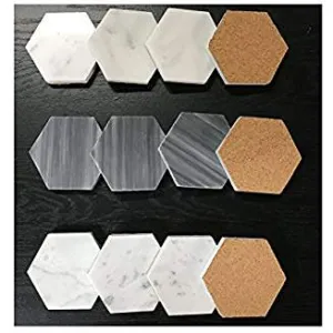 Natural Stone Real Italian Marble Hexagonal Coasters with Cork Backing (8, CARRARA WHITE)