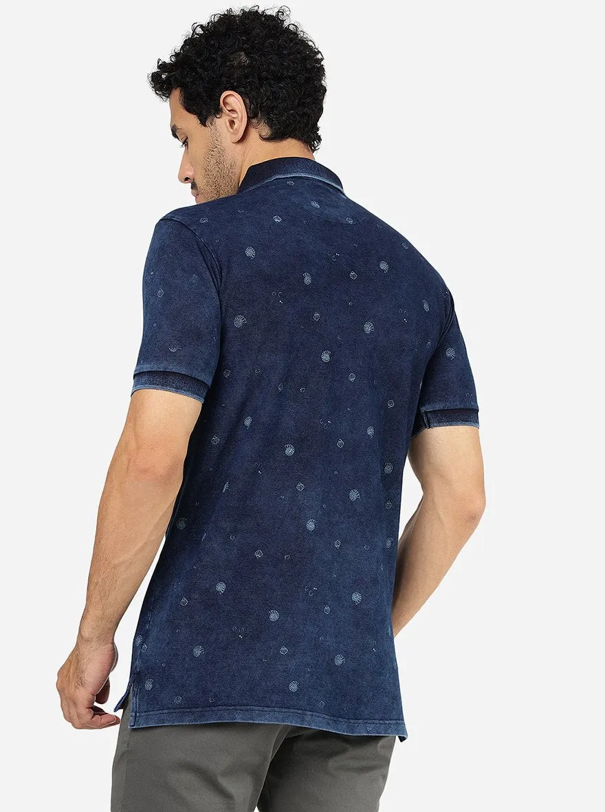 Navy Blue Printed Slim Fit Polo T-Shirt | JadeBlue