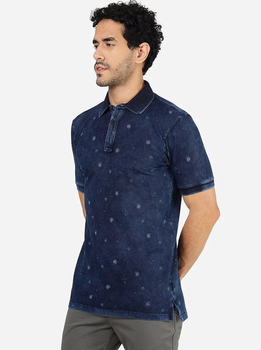 Navy Blue Printed Slim Fit Polo T-Shirt | JadeBlue