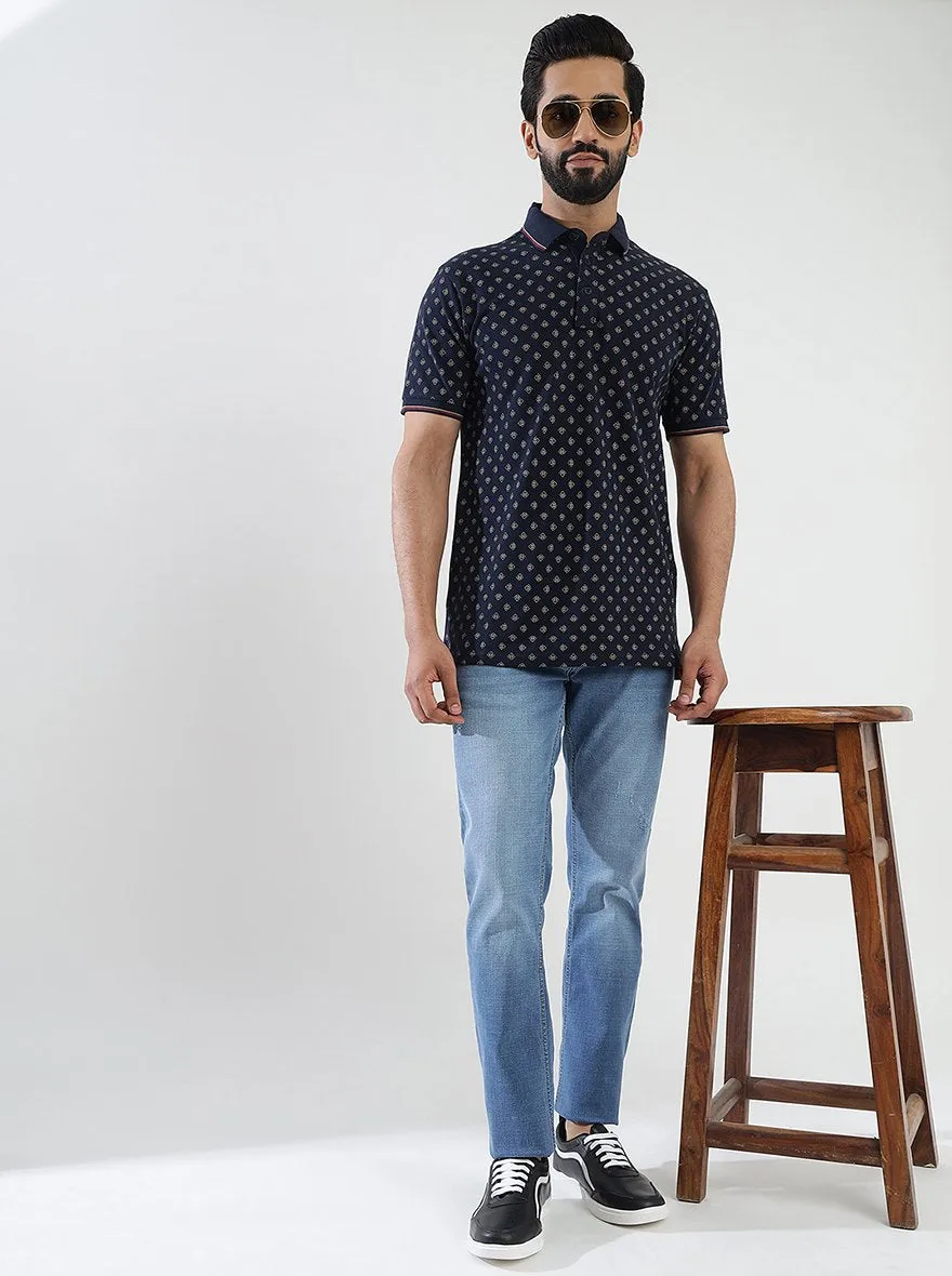Navy Blue Printed Slim Fit Polo T-Shirt | JadeBlue