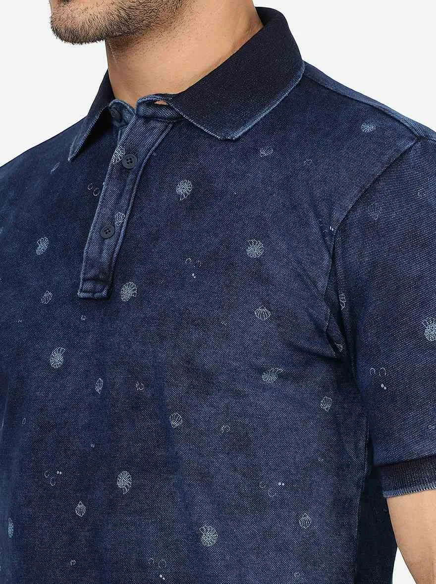 Navy Blue Printed Slim Fit Polo T-Shirt | JadeBlue