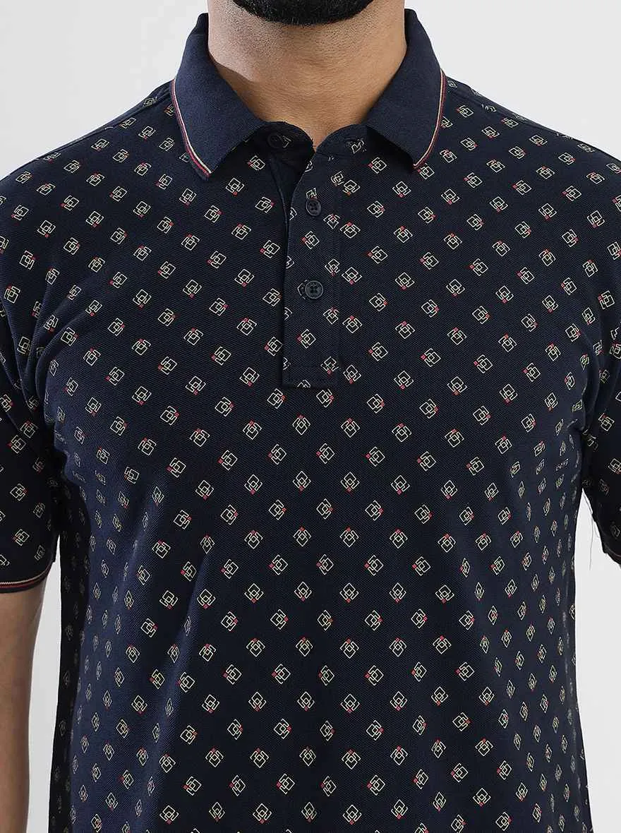 Navy Blue Printed Slim Fit Polo T-Shirt | JadeBlue