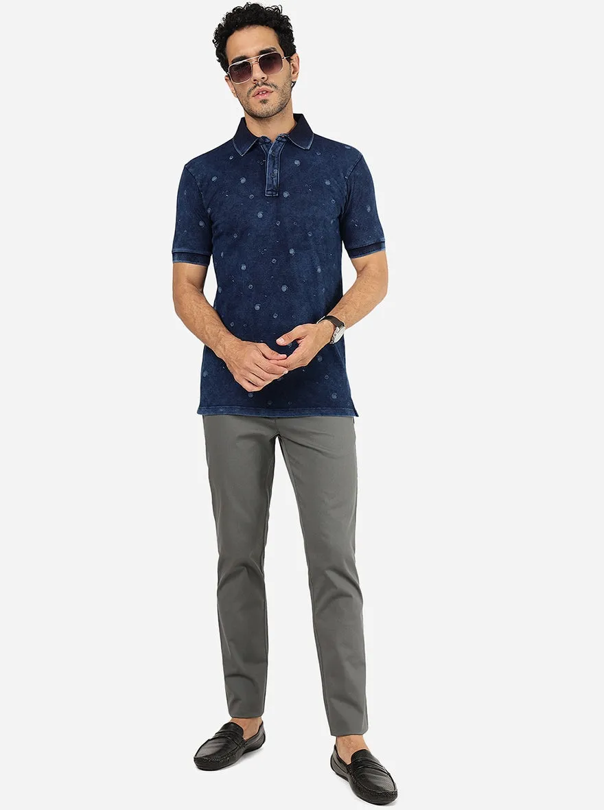 Navy Blue Printed Slim Fit Polo T-Shirt | JadeBlue