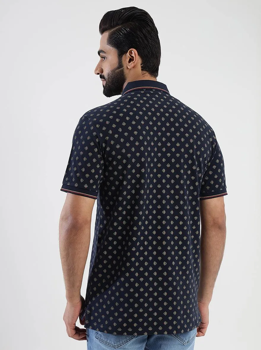Navy Blue Printed Slim Fit Polo T-Shirt | JadeBlue