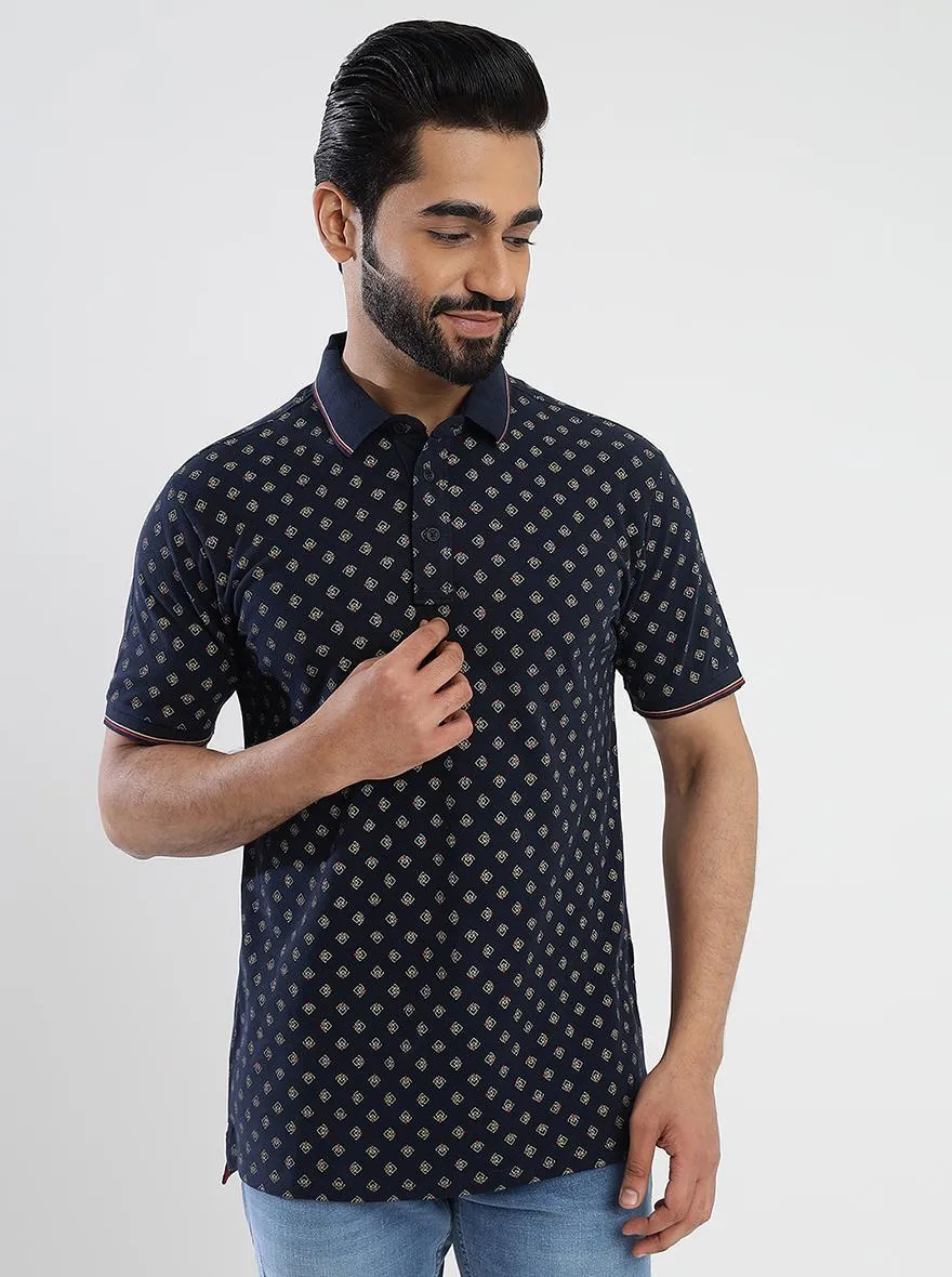 Navy Blue Printed Slim Fit Polo T-Shirt | JadeBlue