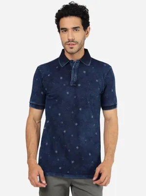 Navy Blue Printed Slim Fit Polo T-Shirt | JadeBlue