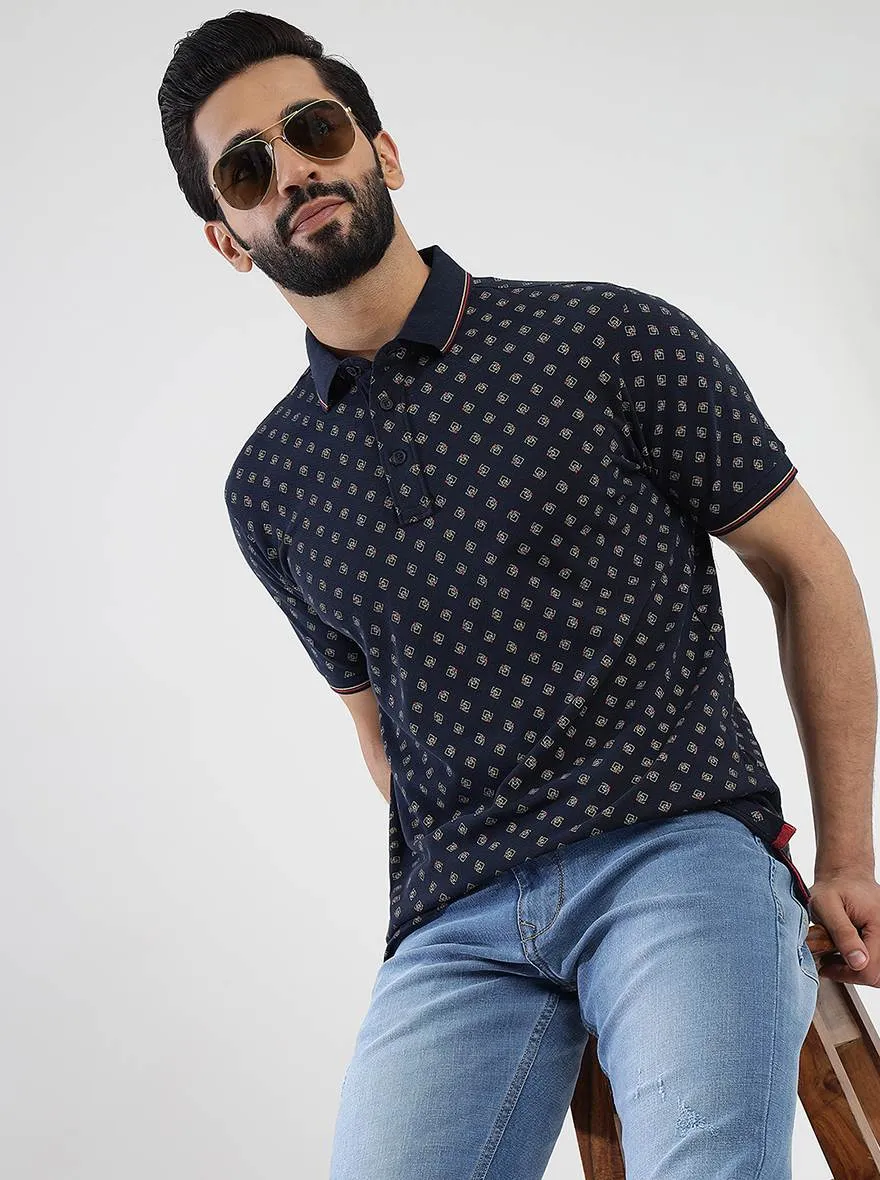 Navy Blue Printed Slim Fit Polo T-Shirt | JadeBlue