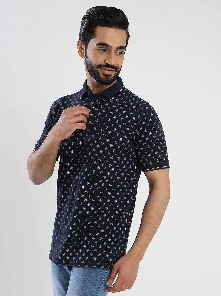 Navy Blue Printed Slim Fit Polo T-Shirt | JadeBlue