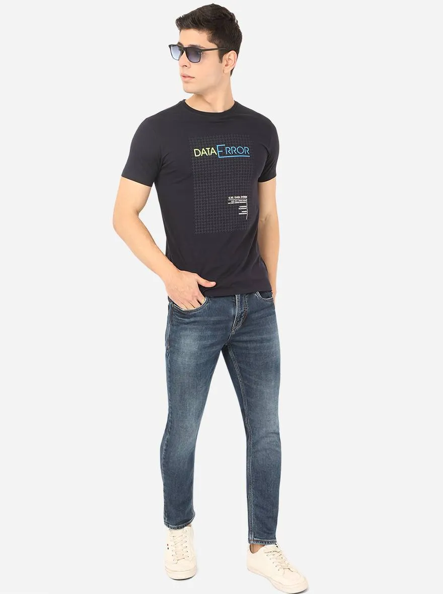 Navy Blue Printed Slim Fit T-Shirt | JadeBlue