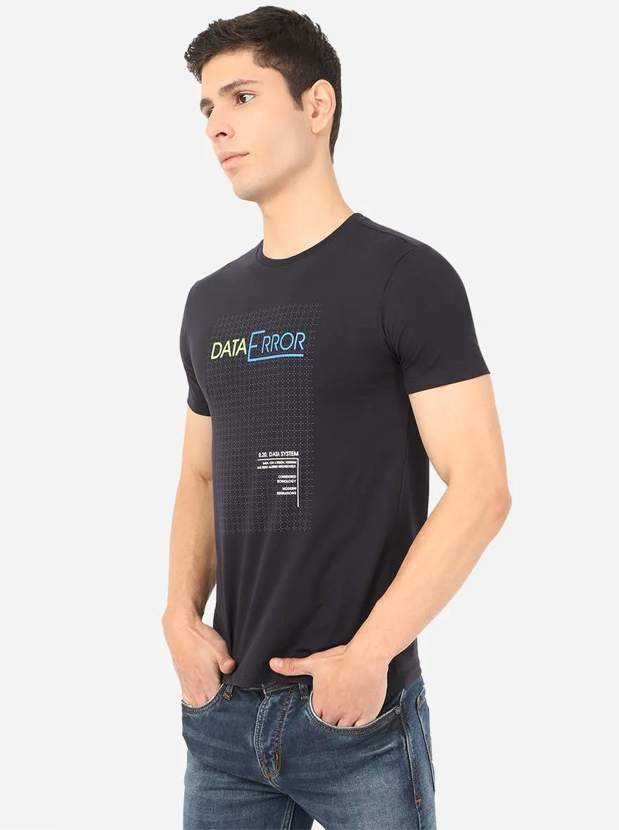 Navy Blue Printed Slim Fit T-Shirt | JadeBlue