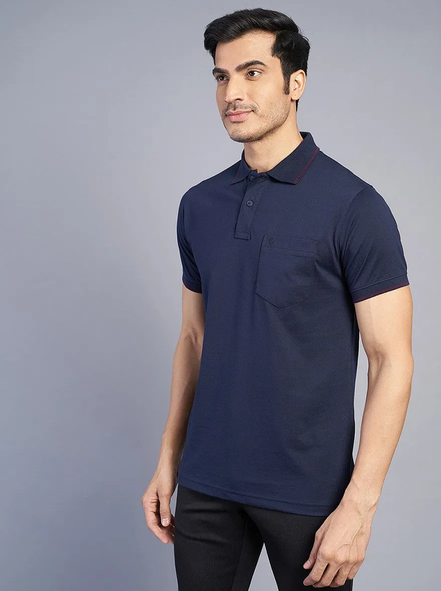 Navy Blue Solid Slim Fit Polo T-Shirt | Greenfibre