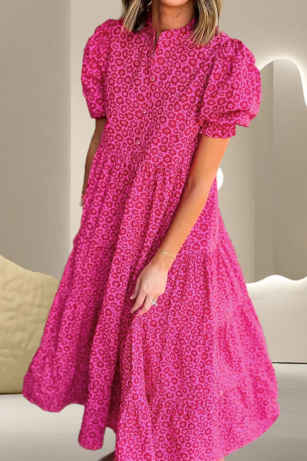 Nix Printed Notched Puff Sleeve Midi Dress