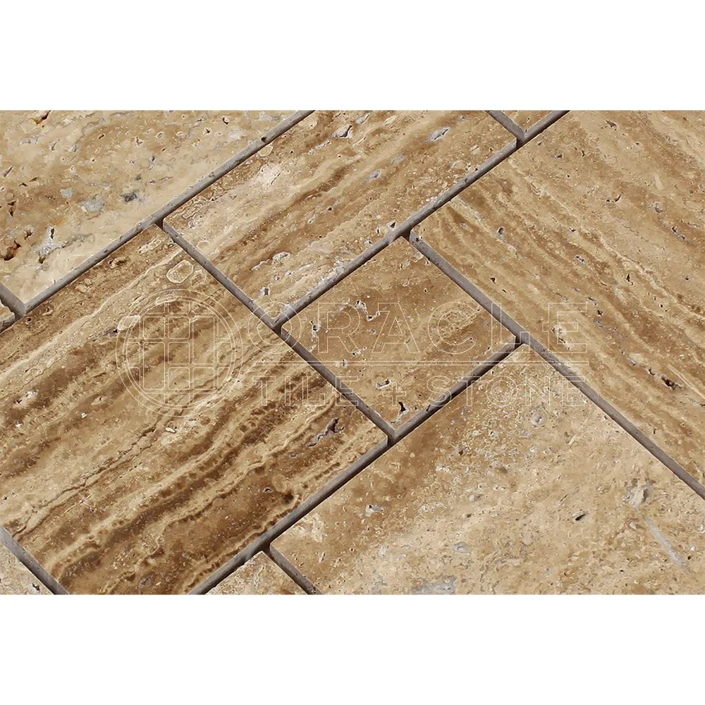Noce Vein-Cut Travertine Opus Pattern Mosaic Tile, Polished (SAMPLE)