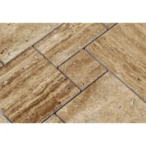 Noce Vein-Cut Travertine Opus Pattern Mosaic Tile, Polished (SAMPLE)