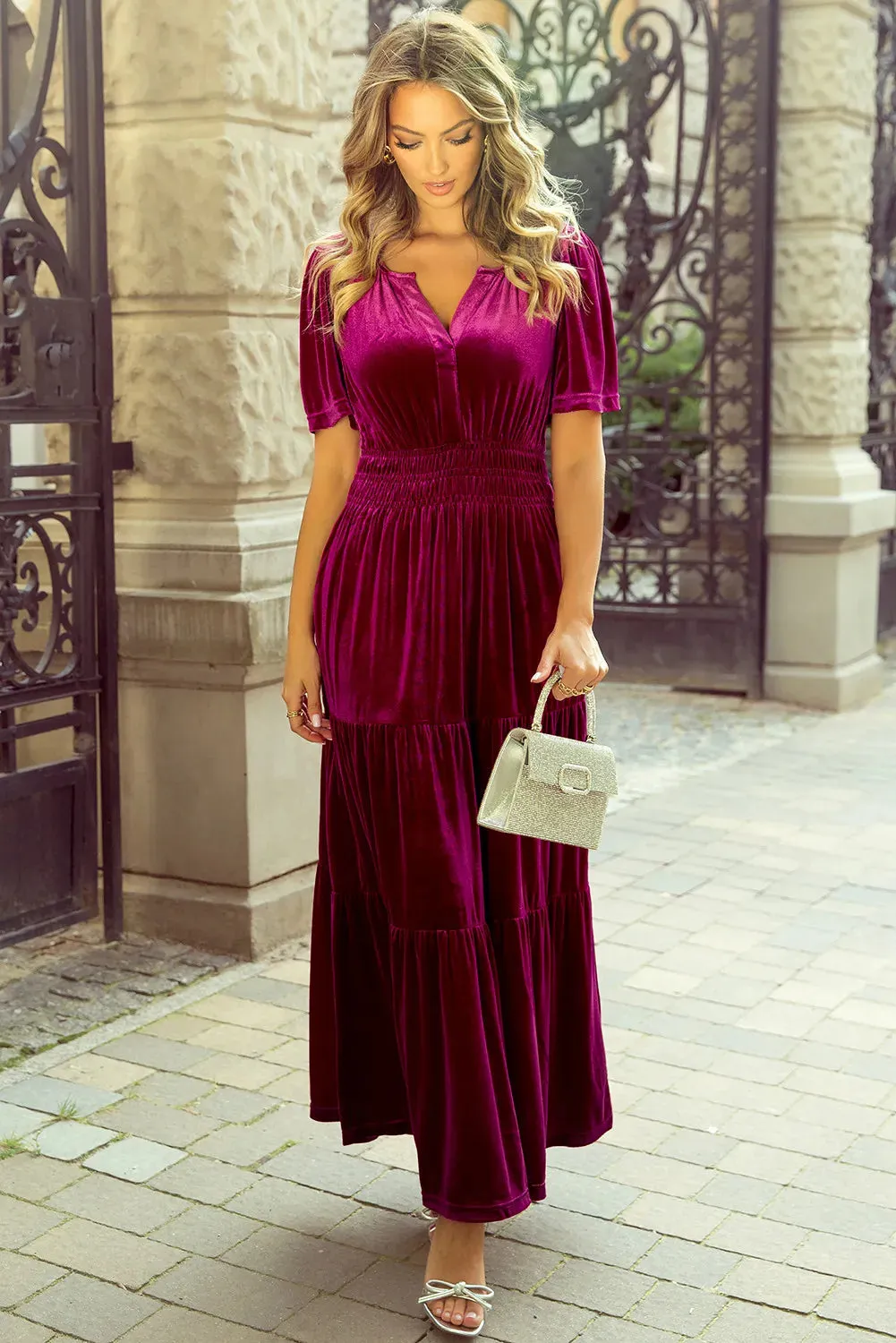 Patrina Tiered Notched Short Sleeve Dress with Pockets