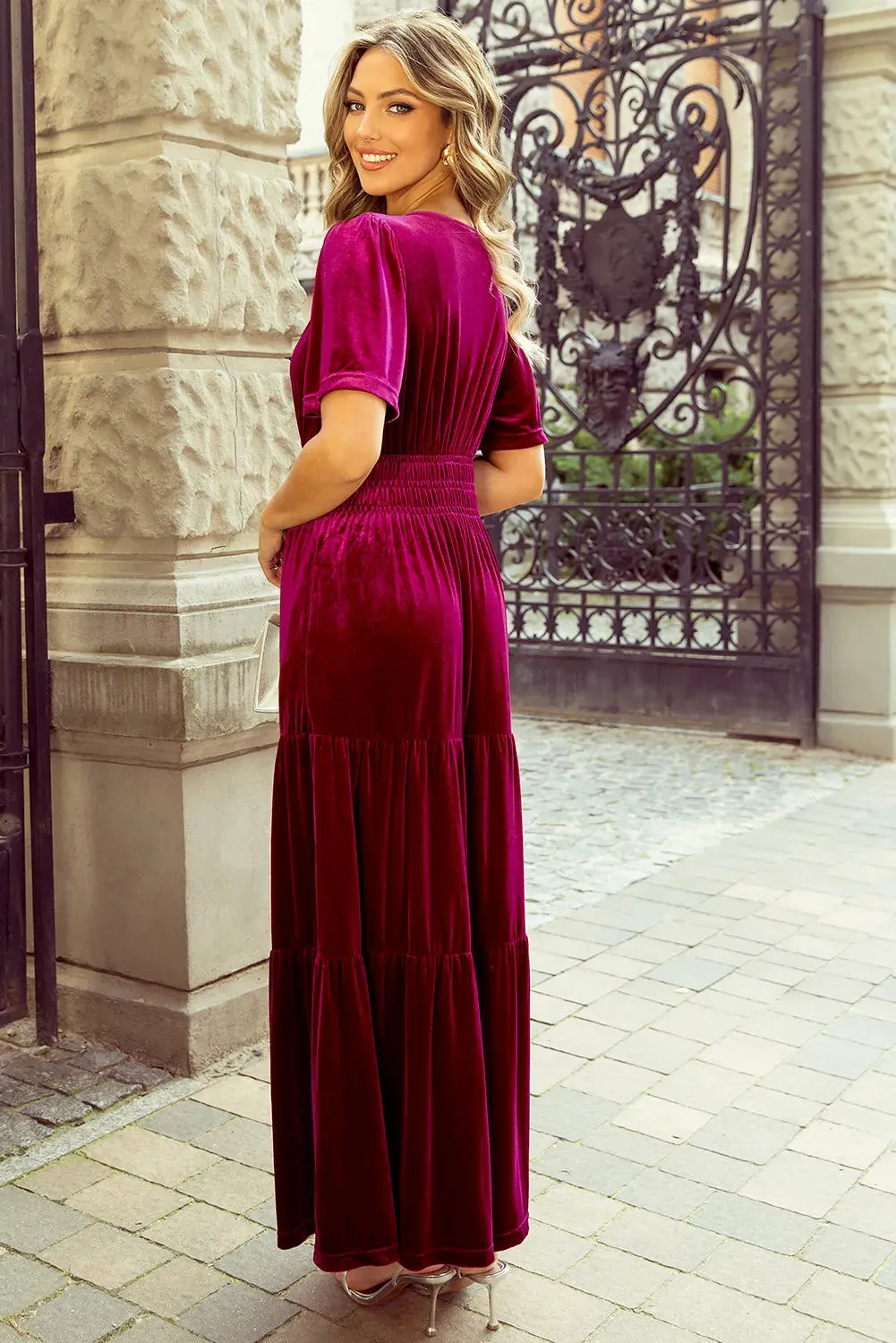 Patrina Tiered Notched Short Sleeve Dress with Pockets