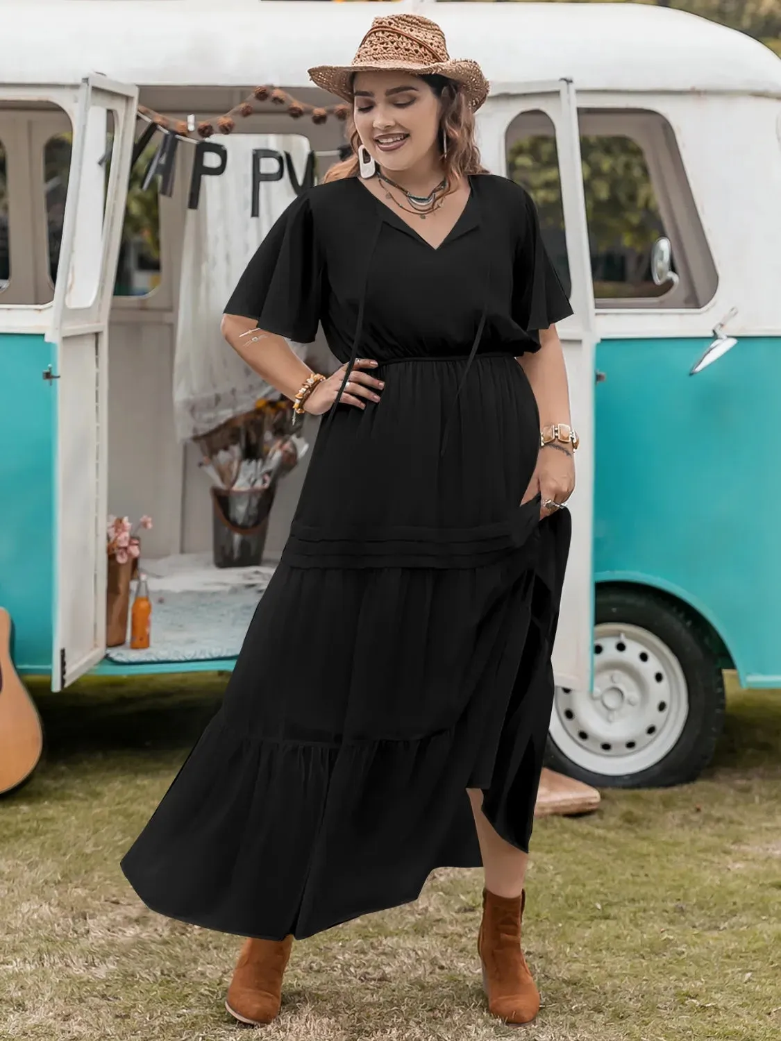 Plus Size Tie Neck Flutter Sleeve Dress