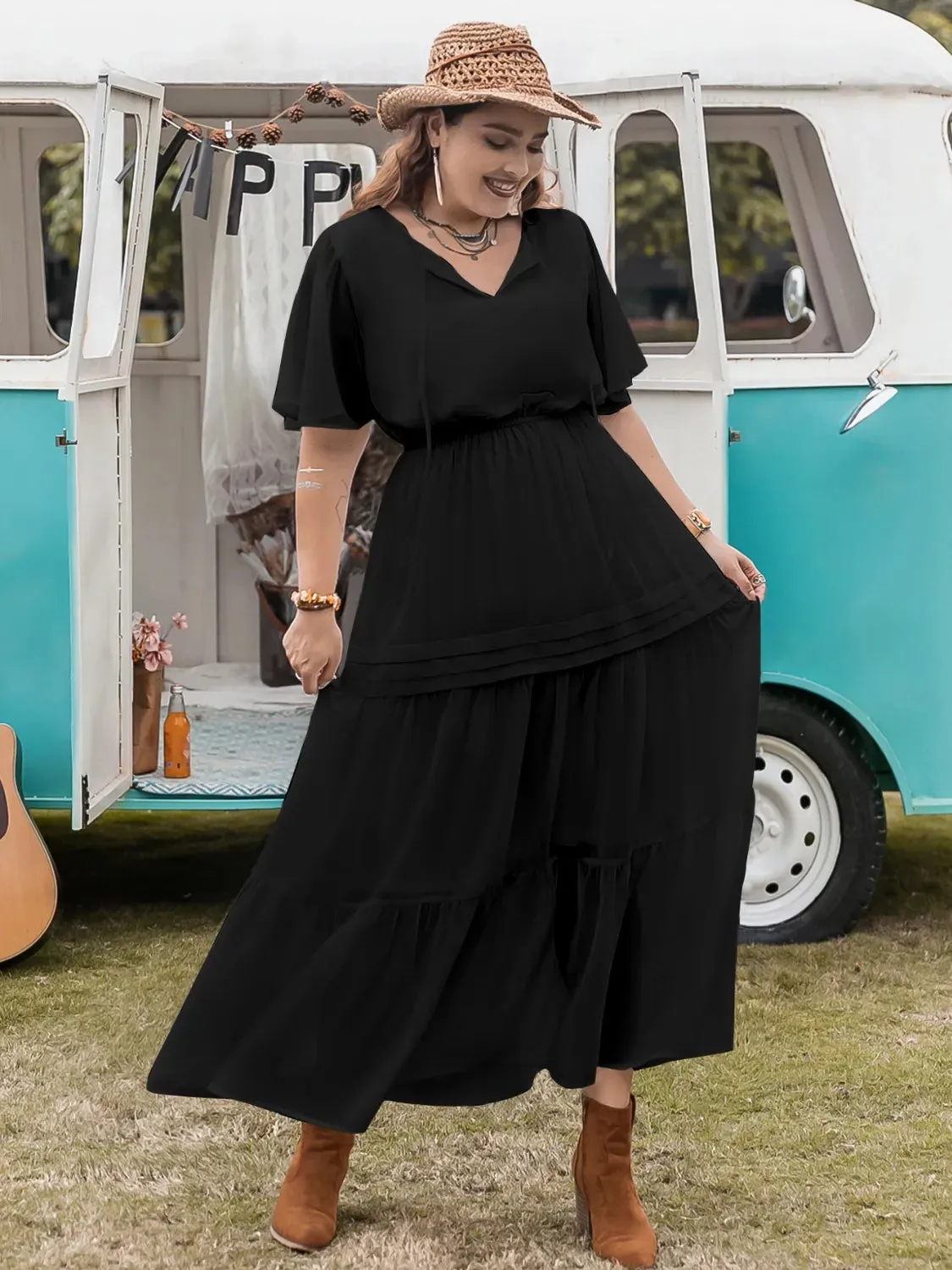 Plus Size Tie Neck Flutter Sleeve Dress