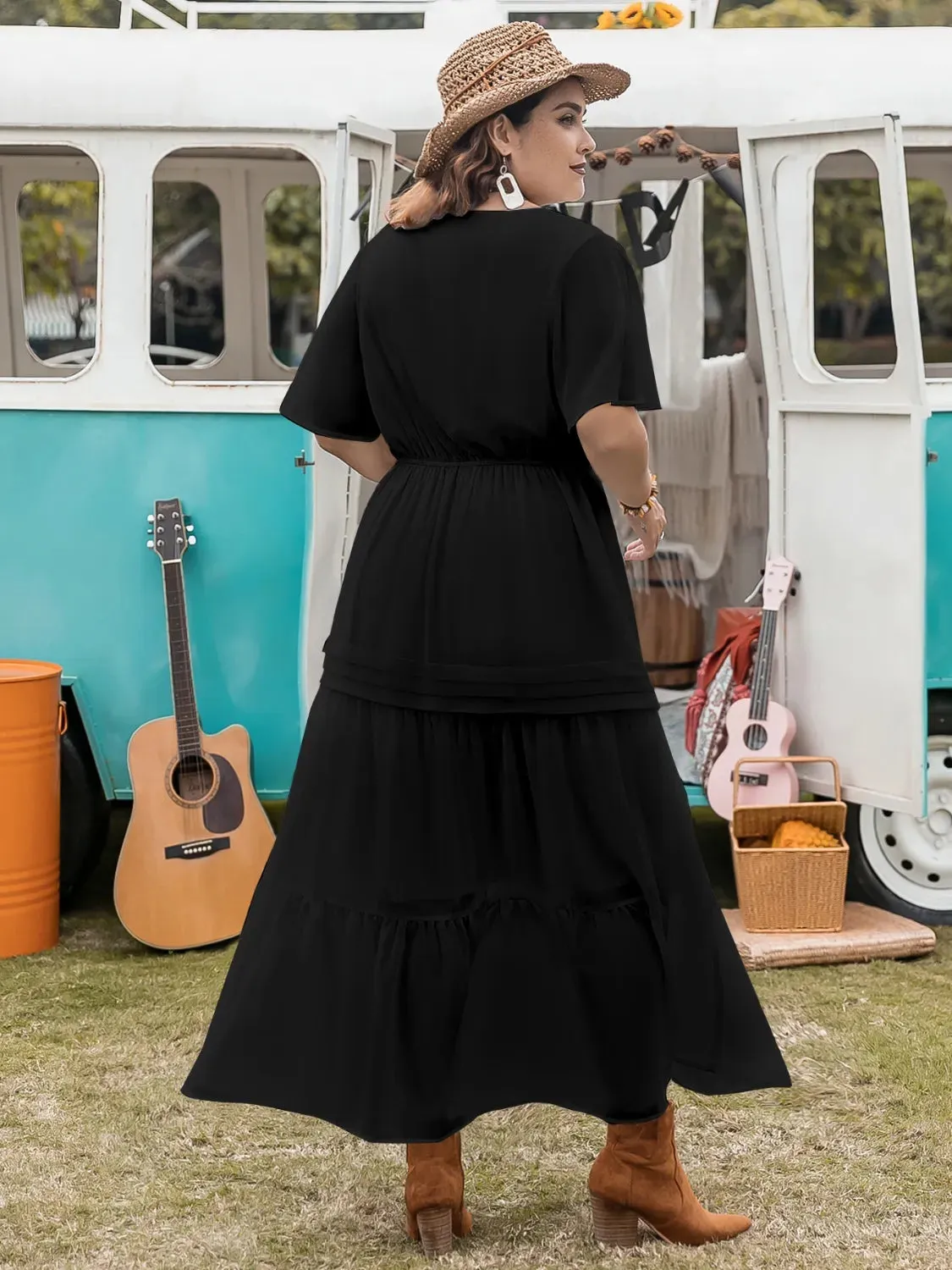 Plus Size Tie Neck Flutter Sleeve Dress