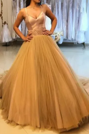 Pretty A-Line Spaghetti Straps Tulle Gold Long Prom Dress OKH7