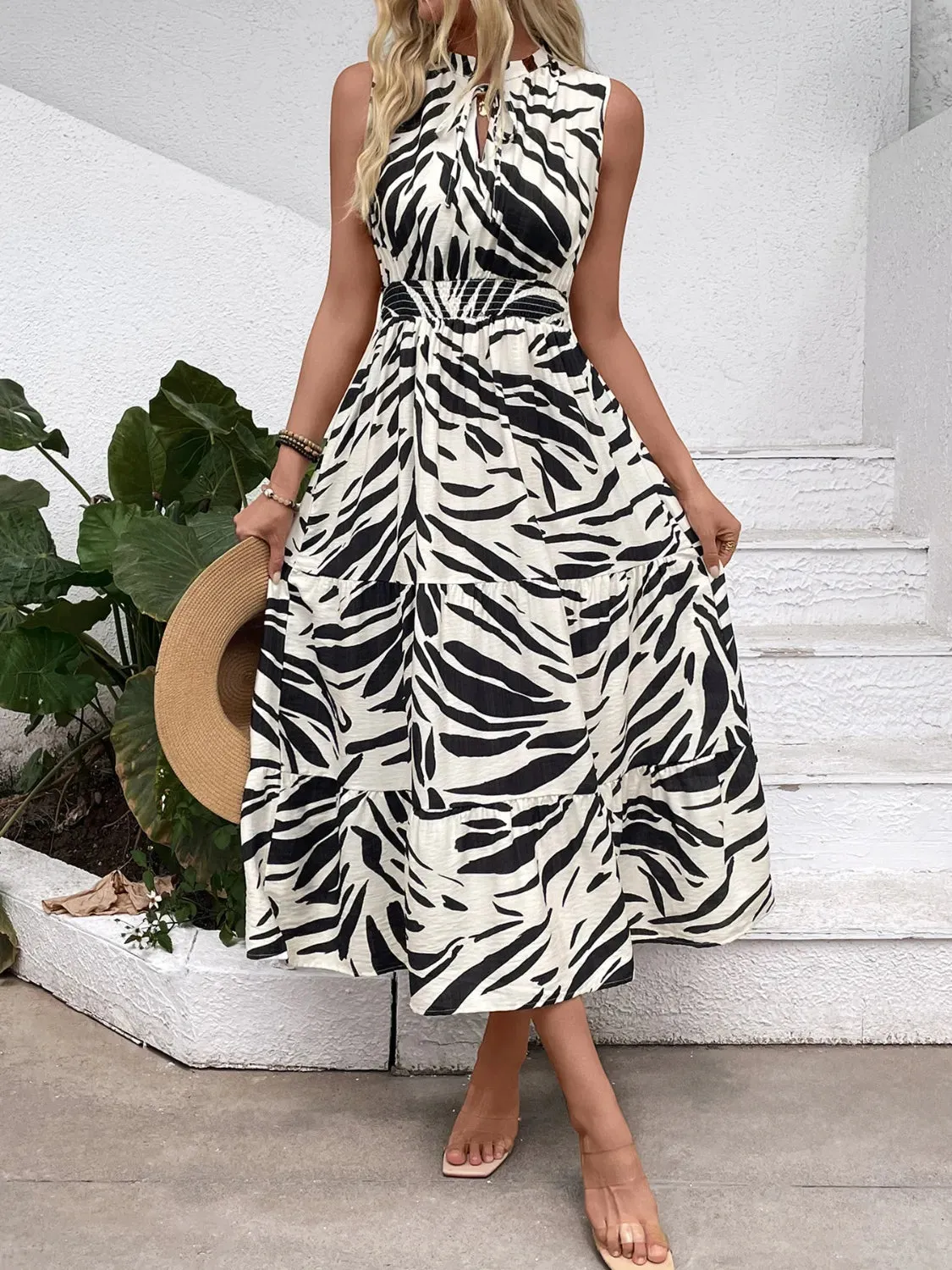 Printed Notched Sleeveless Midi Dress