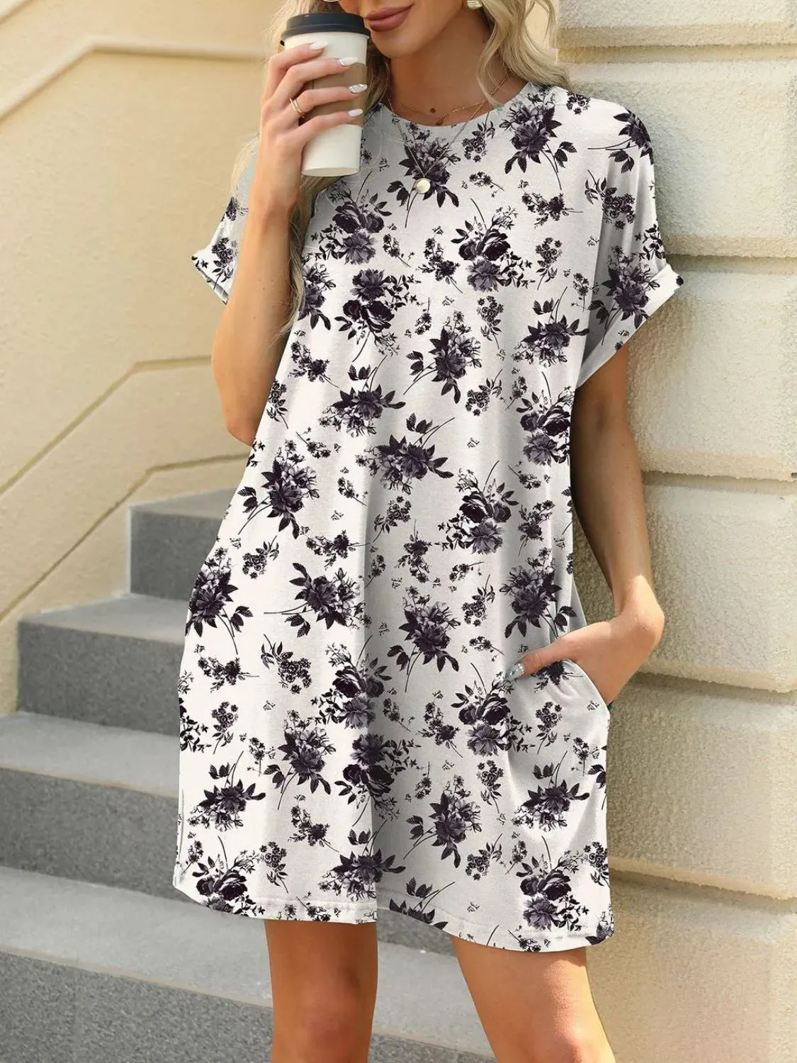 Printed Round Neck Short Sleeve Mini Dress