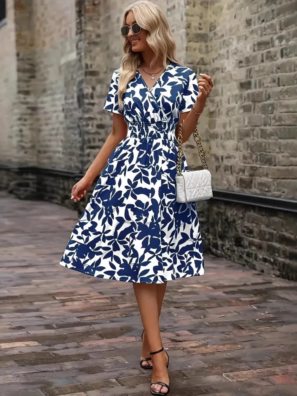 Printed Smocked Surplice Short Sleeve Dress