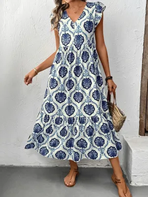 Printed V-Neck Cap Sleeve Dress