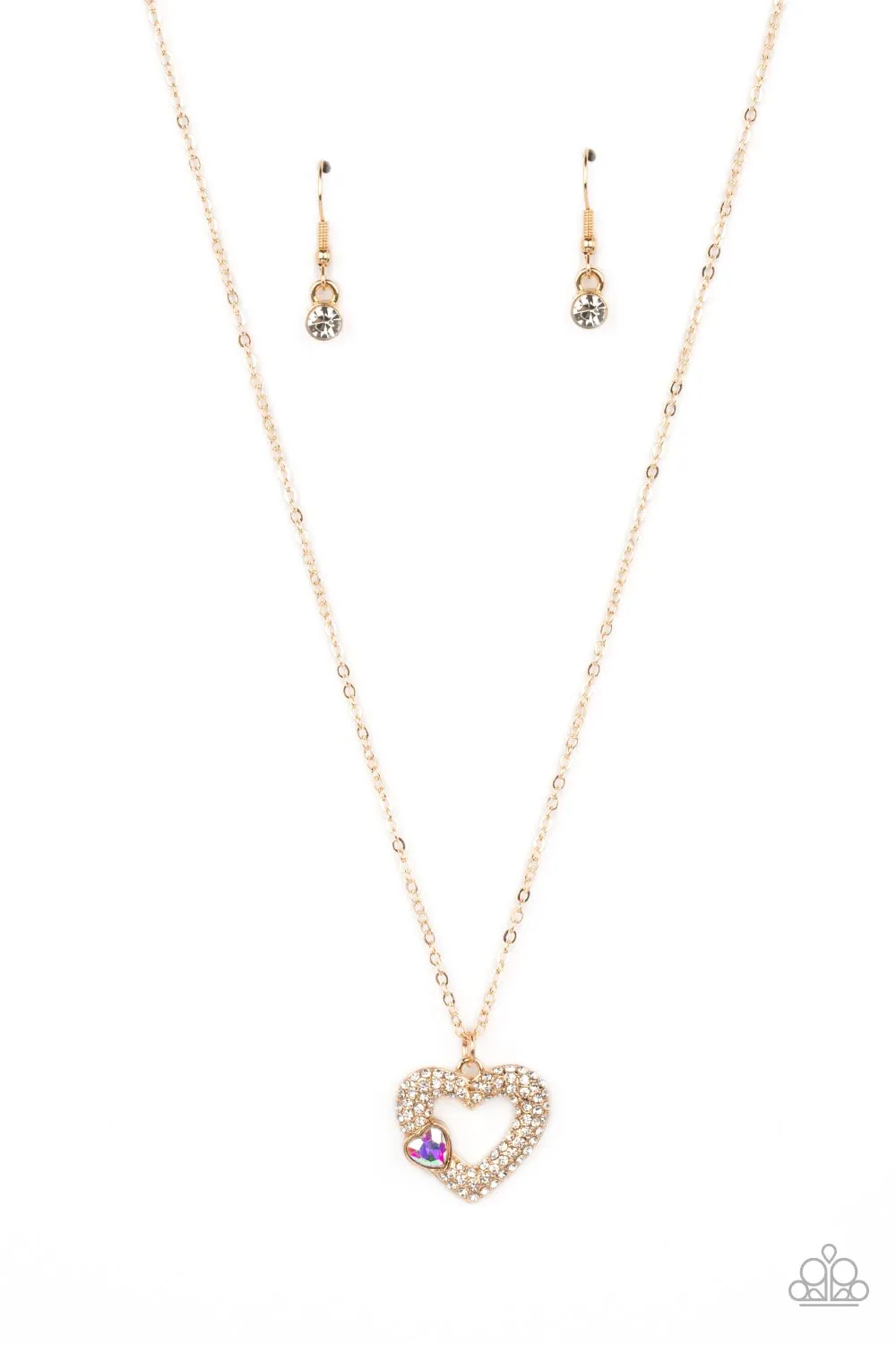 "Bedazzled Bliss" Gold Metal & Multi Iridescent Rhinestone Double Heart Necklace Set
