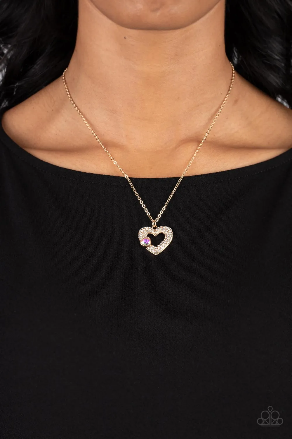 "Bedazzled Bliss" Gold Metal & Multi Iridescent Rhinestone Double Heart Necklace Set