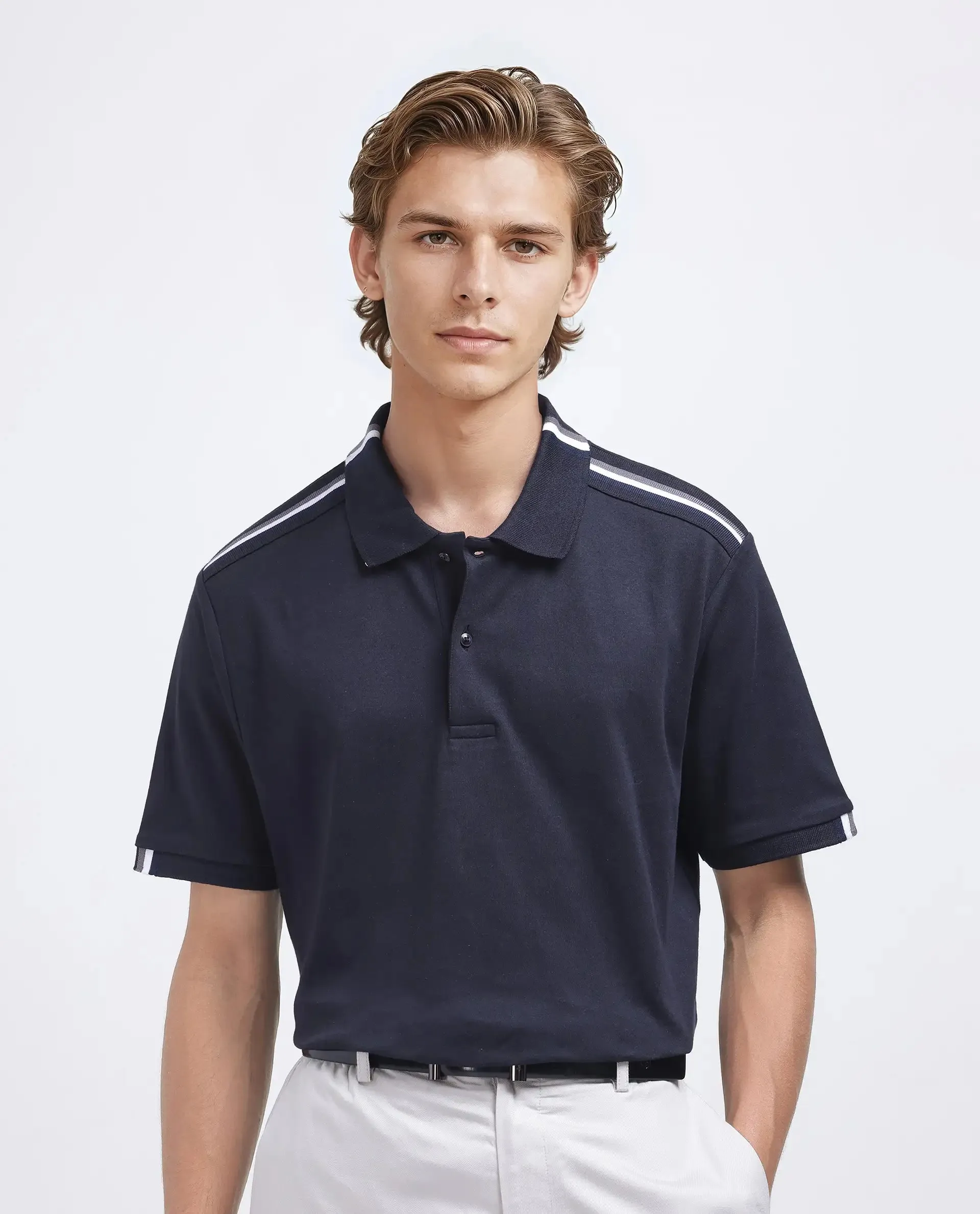 Rare Rabbit Men Loui Black Cotton Fabric Striped Short Sleeve and Collar Neck Plain Polo