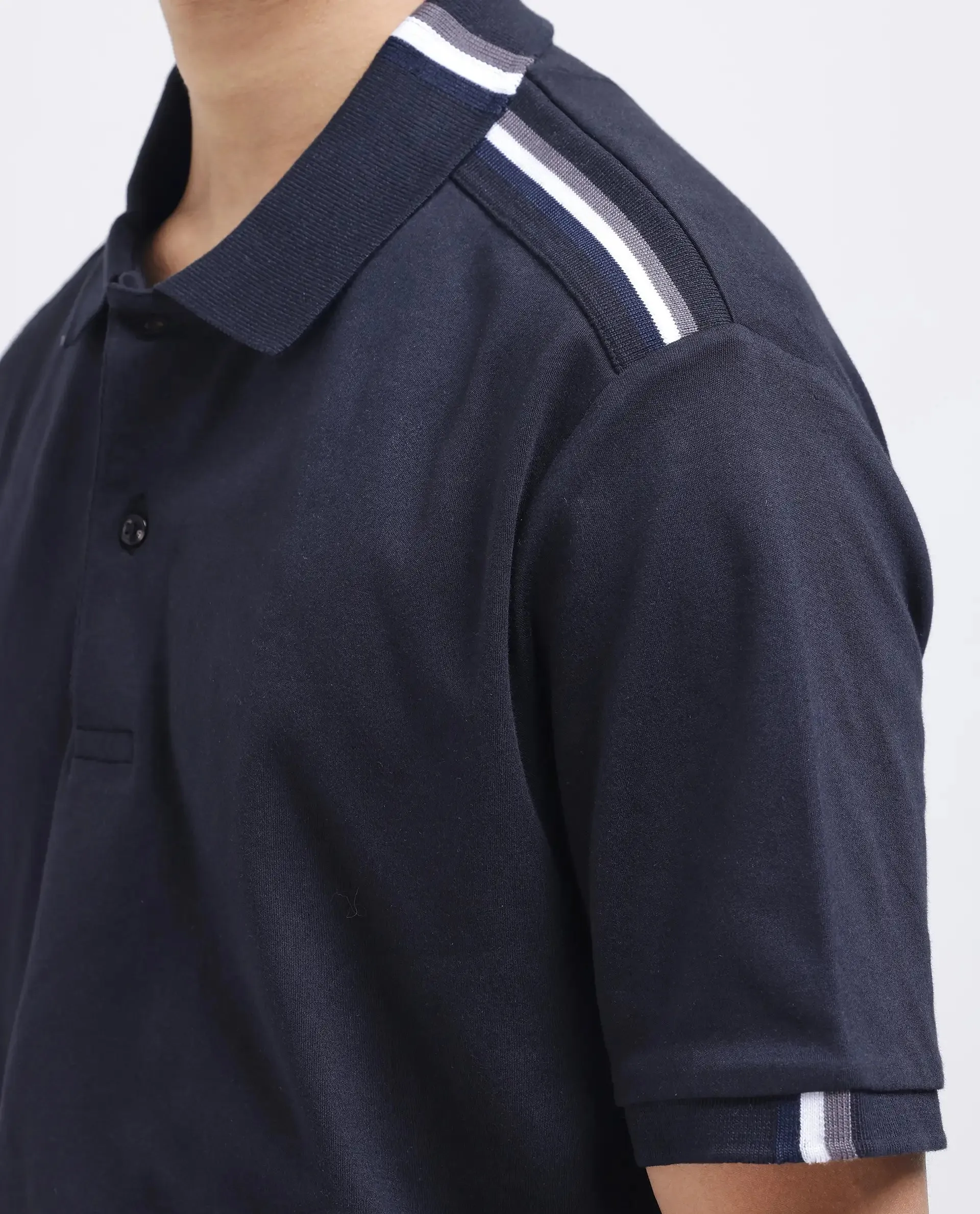 Rare Rabbit Men Loui Black Cotton Fabric Striped Short Sleeve and Collar Neck Plain Polo