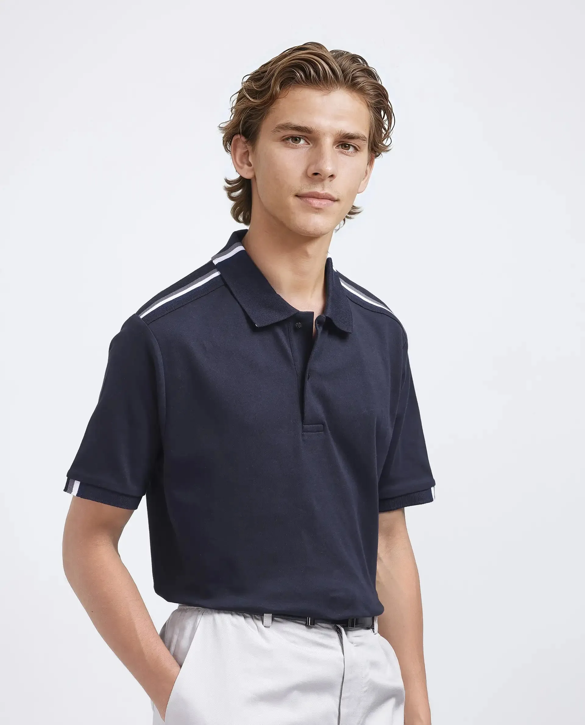 Rare Rabbit Men Loui Black Cotton Fabric Striped Short Sleeve and Collar Neck Plain Polo