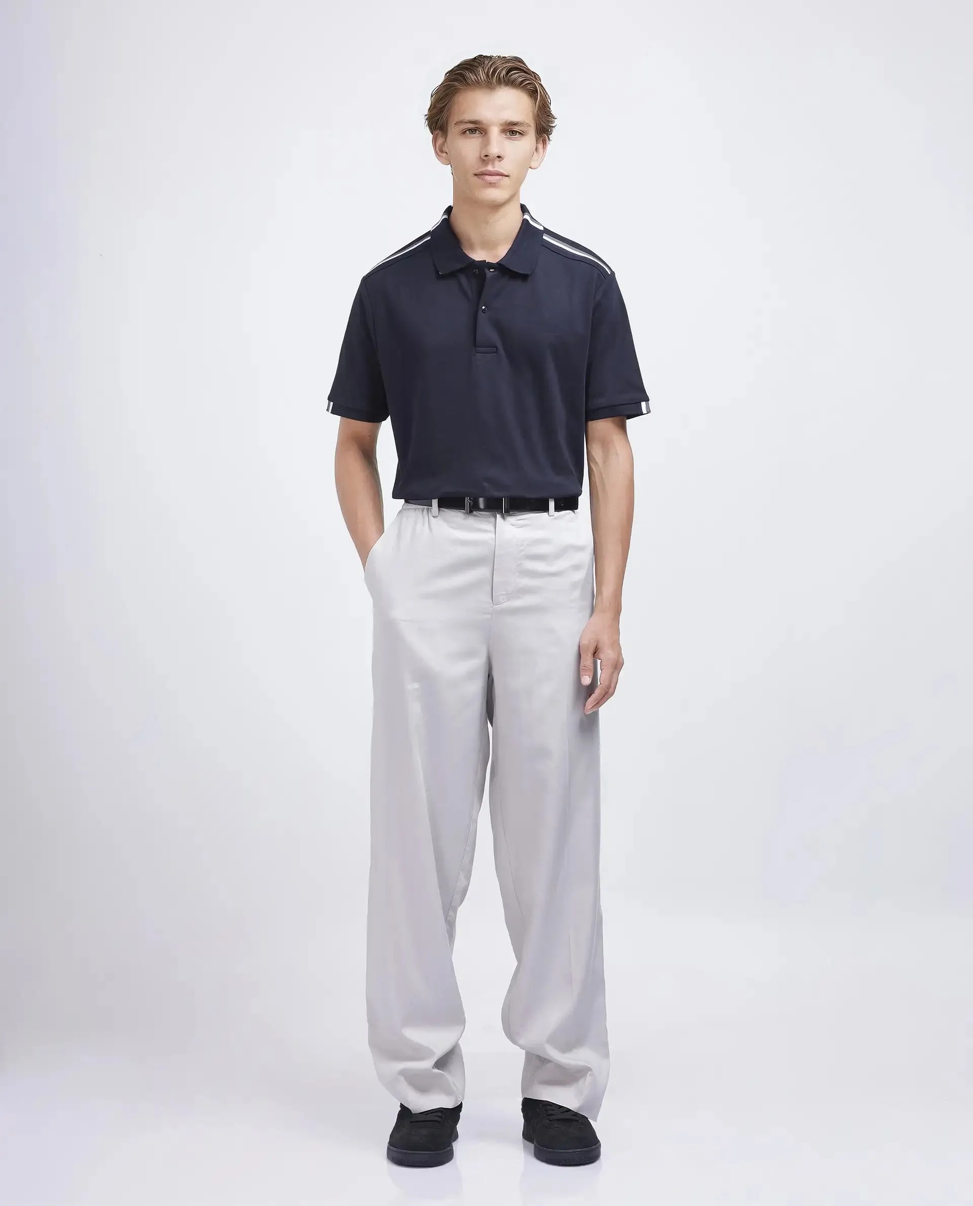 Rare Rabbit Men Loui Black Cotton Fabric Striped Short Sleeve and Collar Neck Plain Polo