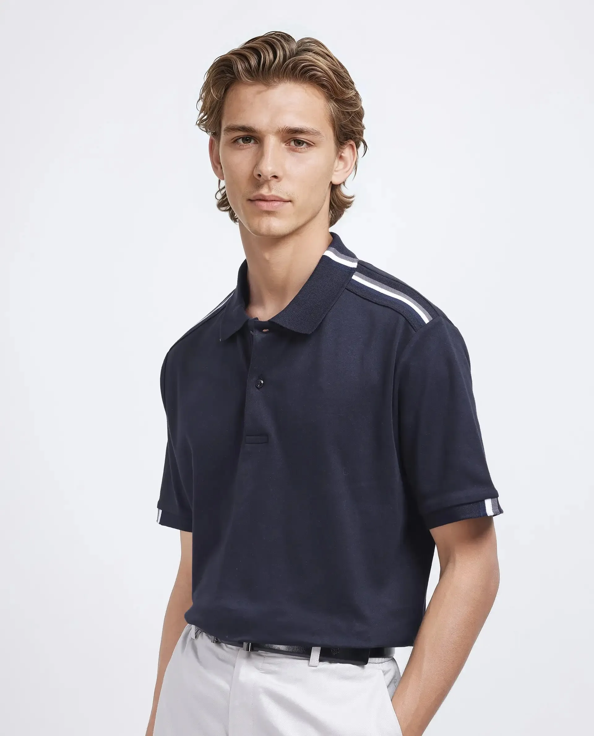 Rare Rabbit Men Loui Black Cotton Fabric Striped Short Sleeve and Collar Neck Plain Polo