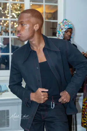 Razor Collar Shirt in Black Cotton Linen Mix