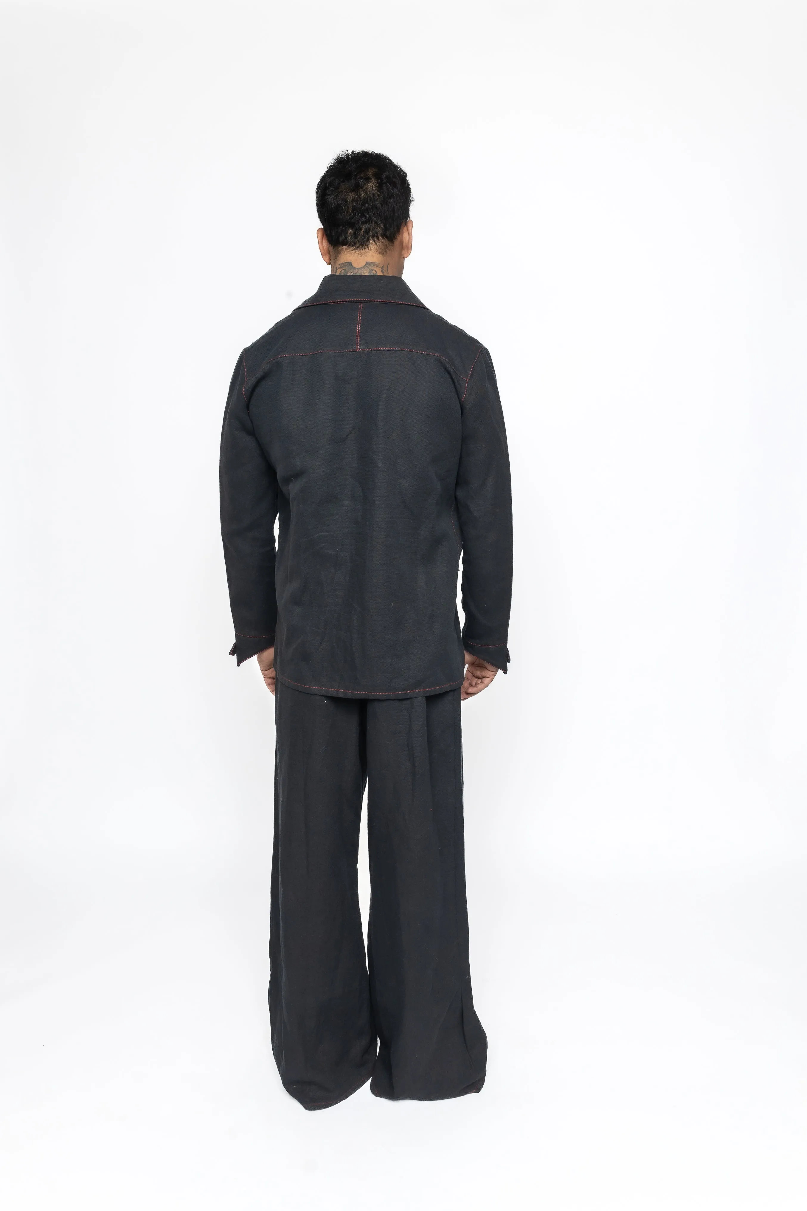 Razor Collar Shirt in Black Cotton Linen Mix