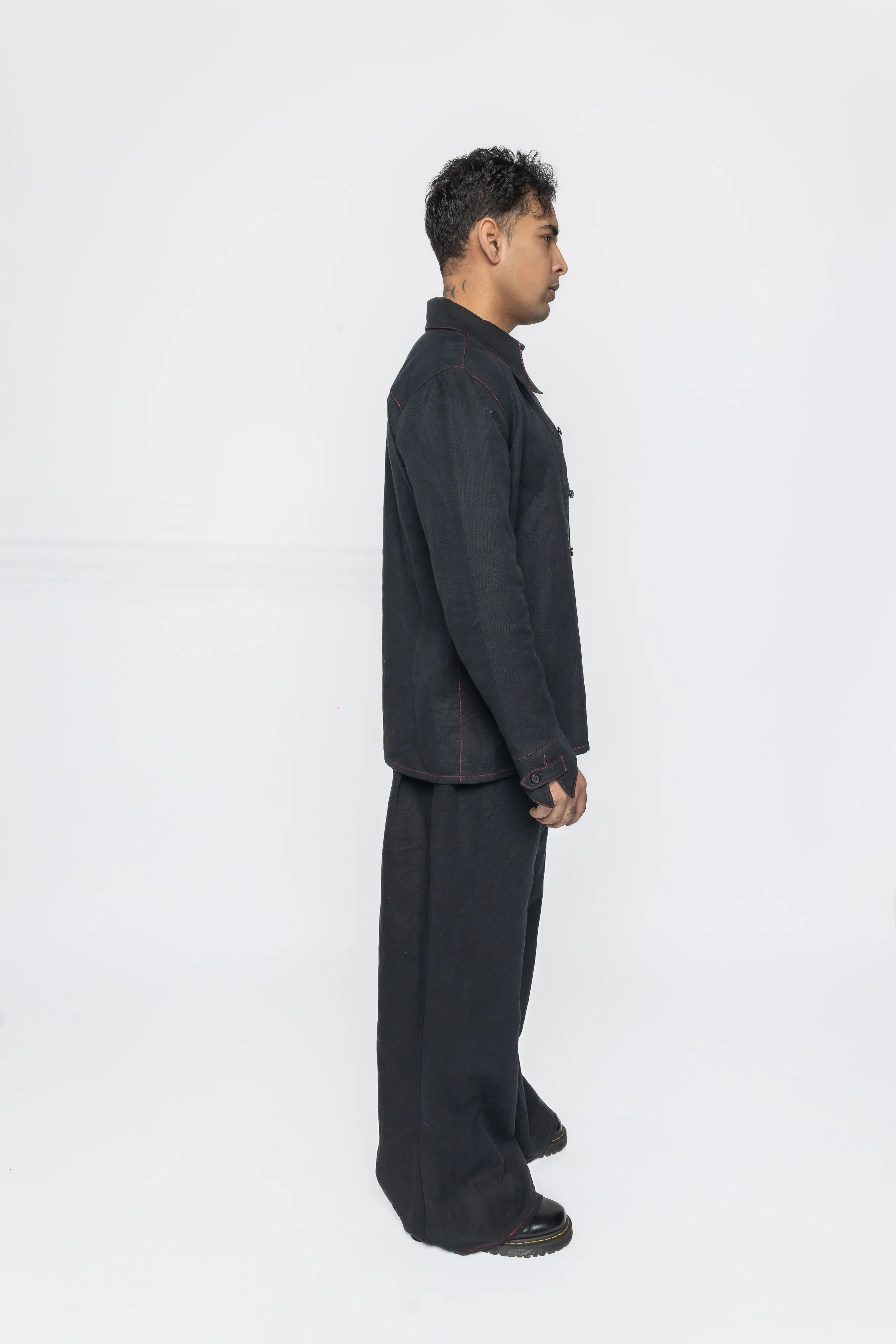 Razor Collar Shirt in Black Cotton Linen Mix