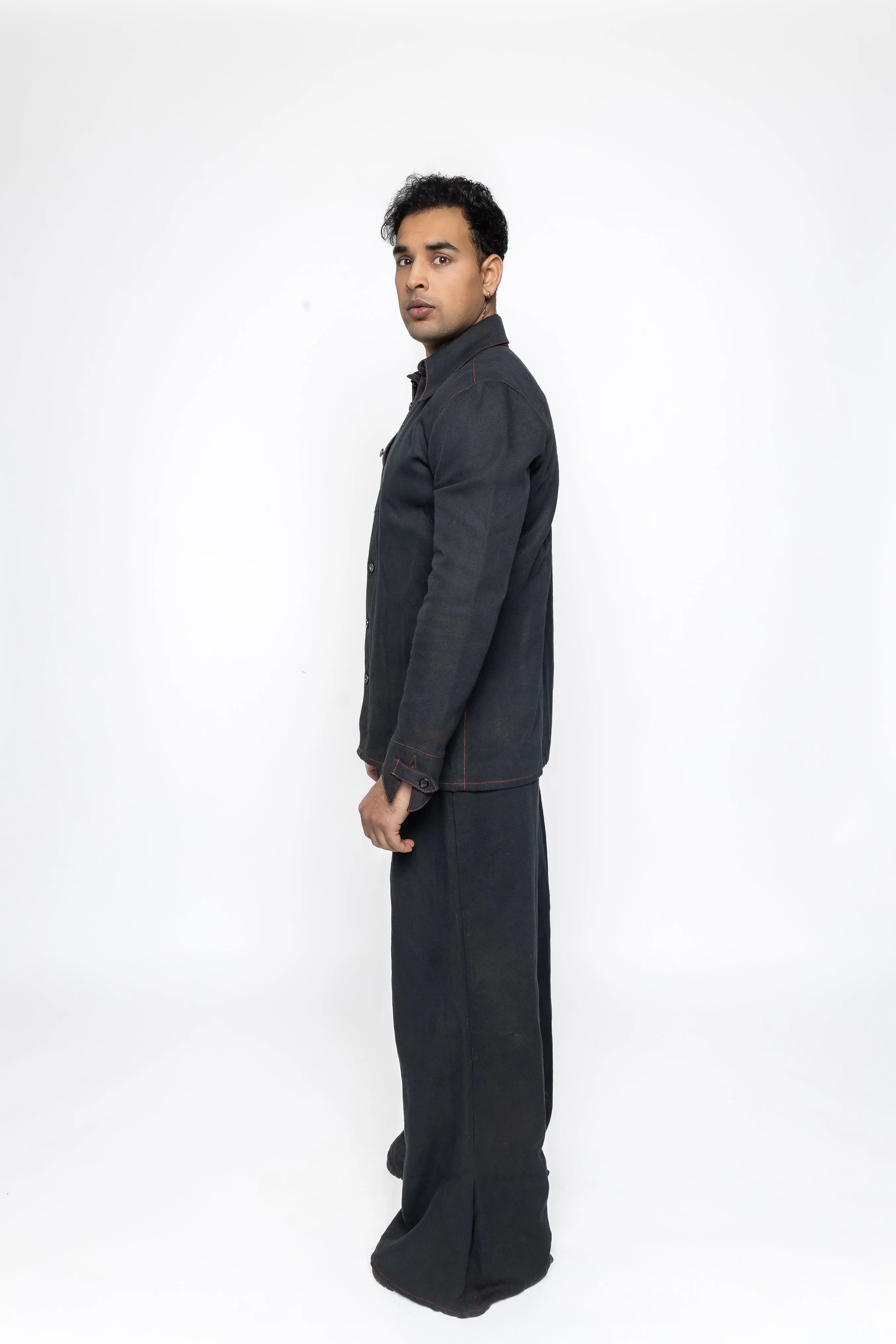 Razor Collar Shirt in Black Cotton Linen Mix