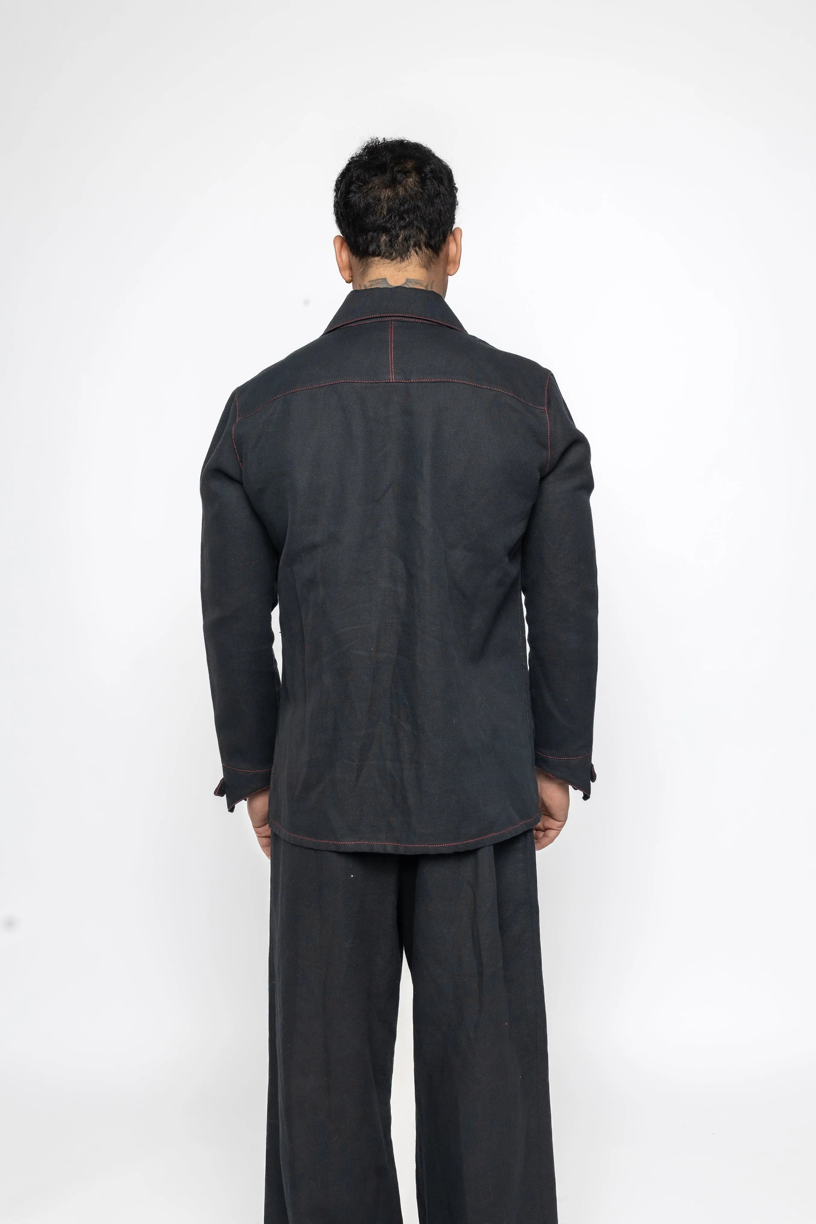 Razor Collar Shirt in Black Cotton Linen Mix