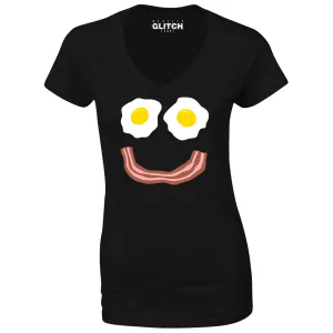 Reality Glitch Bacon and Eggs Smile Womens T-Shirt - V-Neck
