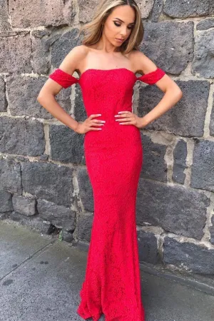 Red Mermaid Sexy Long Strapless Lace Prom Gowns,Off the Shoulder Evening Dresses OK731