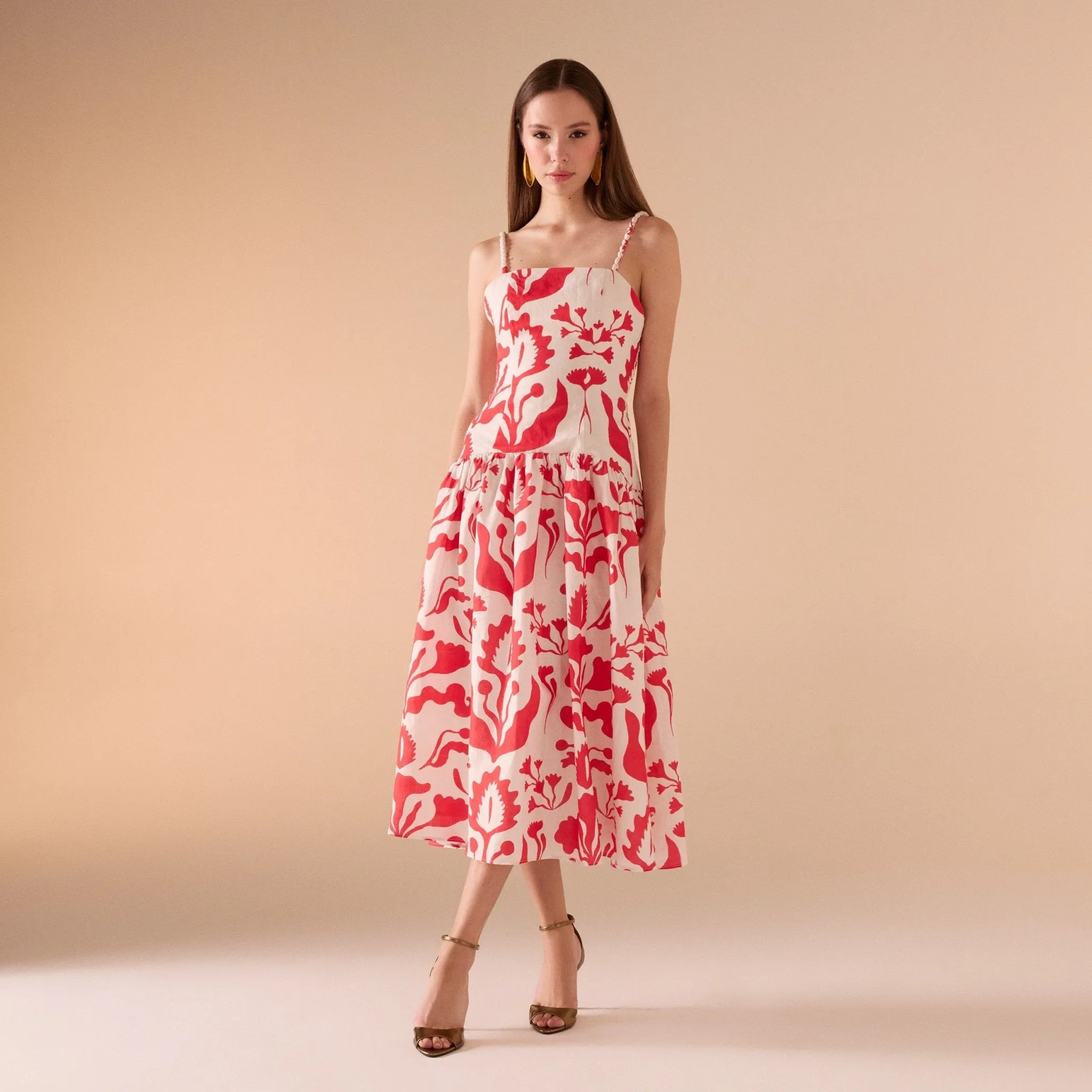 Red Sleeveless Printed Midi Dress