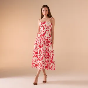 Red Sleeveless Printed Midi Dress