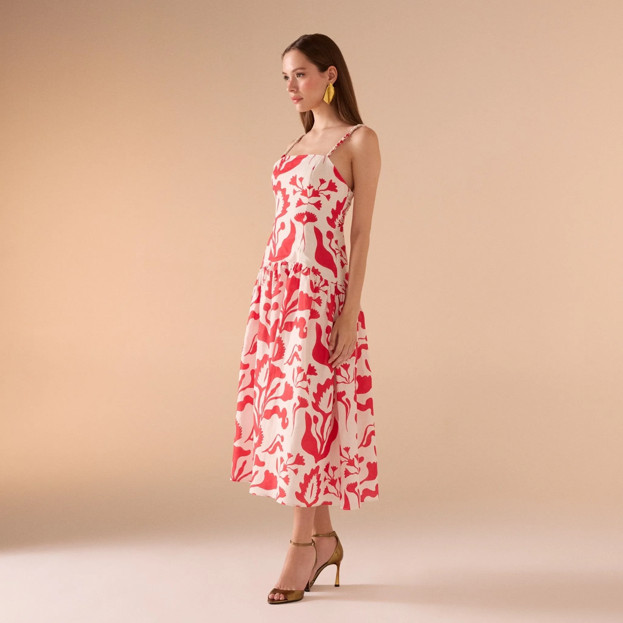 Red Sleeveless Printed Midi Dress